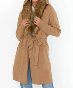 Cheap 🛒 Show Me Your Mumu Cabin Cardigan in Camel Knit With Faux Fur for 👩 women 🤩