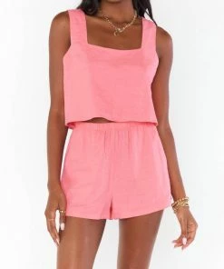 Best deal 👏 Show Me Your Mumu Tara Crop Top in Flamingo Pink Linen for 👩 women 🧨
