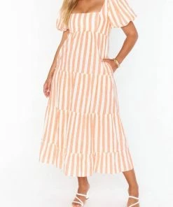 Coupon ❤️ Show Me Your Mumu Linds Midi 👗 Dress in Dreamsicle Stripe Linen for 👩 women ❤️